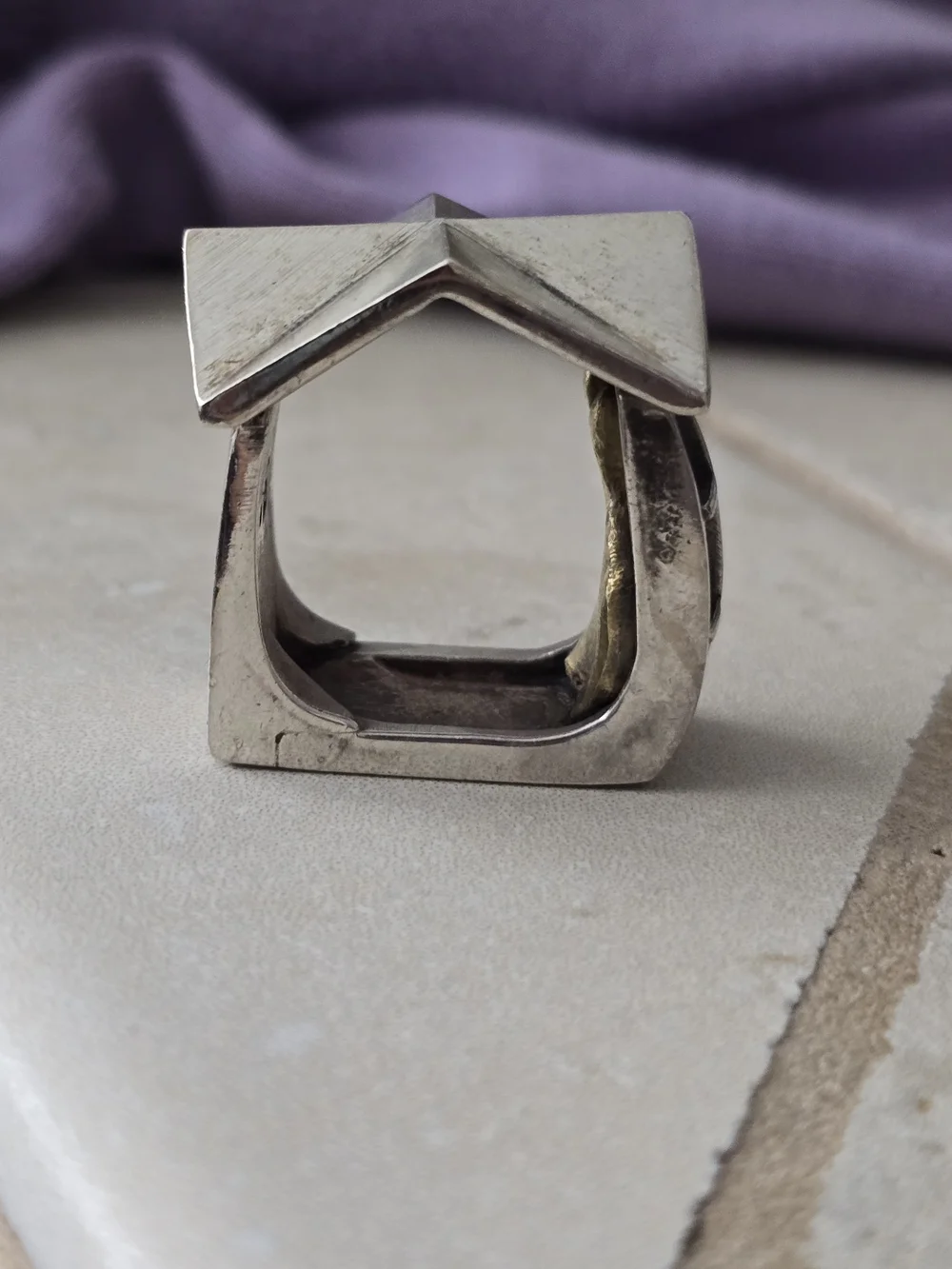 Sterling Silver Architectural House Ring with Gold Accents